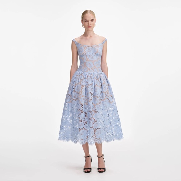 NWT- Self-Portrait Blue Midi Dress in Floral Lace - Picture 12 of 17